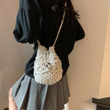 將圖片載入圖庫檢視器 Black White Summer Woven Beach Bucket Bag Purse -Showtown