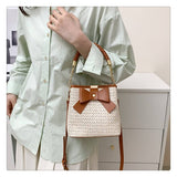 Load image into Gallery viewer, Green Straw And Leather Bucket Bag Handbags-Showtown