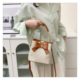 Load image into Gallery viewer, Green Straw And Leather Bucket Bag Handbags-Showtown