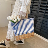 將圖片載入圖庫檢視器 Large Capacity Stripe Wicker Canvas Beach Bag-Showtown