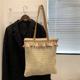 Load image into Gallery viewer, Large Shoulder Straw Bag with Tassels- Showtown