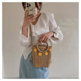 画像をギャラリービューアに読み込む, Round Handle White Straw Woven Crossbody Bag-Showtown