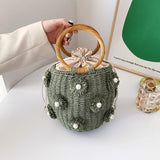 Load image into Gallery viewer, Round Handle Woven Straw Drawstring Bucket Bag-Showtown