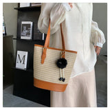 將圖片載入圖庫檢視器 Straw And Leather Shopper Tote Bucket Bag-Showtown