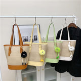 將圖片載入圖庫檢視器 Straw And Leather Shopper Tote Bucket Bag-Showtown