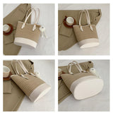 Carica l&#39;immagine nel visualizzatore di Gallery, Straw And Leather Shopper Tote Bucket Bag-Showtown