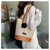 將圖片載入圖庫檢視器 Straw And Leather Shopper Tote Bucket Bag-Showtown