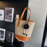 Load image into Gallery viewer, Straw And Leather Shopper Tote Bucket Bag-Showtown