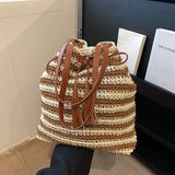 Load image into Gallery viewer, Stripe Straw Drawstring Bag with Leather Handles- Showtown