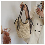 Load image into Gallery viewer, Tassel Decor Straw Bucket Tote Beach Bag-Showtown