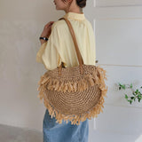 Load image into Gallery viewer, White Round Straw Shoulder Beach Bag-Showtown