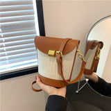 將圖片載入圖庫檢視器 Straw And Leather Bucket Crossbody Bag-Showtown