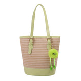 將圖片載入圖庫檢視器 Straw And Leather Shopper Tote Bucket Bag-Showtown