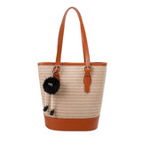 將圖片載入圖庫檢視器 Straw And Leather Shopper Tote Bucket Bag-Showtown