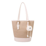 將圖片載入圖庫檢視器 Straw And Leather Shopper Tote Bucket Bag-Showtown