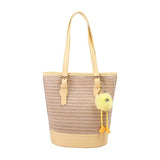 將圖片載入圖庫檢視器 Straw And Leather Shopper Tote Bucket Bag-Showtown